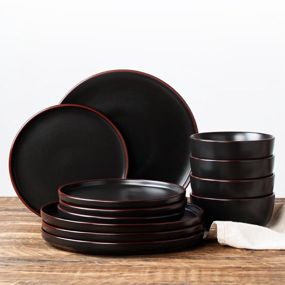 RichMount Mercury Stoneware Dinnerware Set, 12-Piece, Matte Black