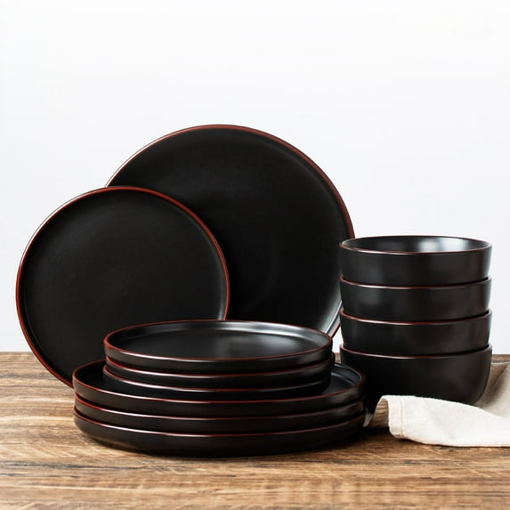 Famiware RichMount 12-Piece Matte Black Dinnerware Set with Plates & Bowls
