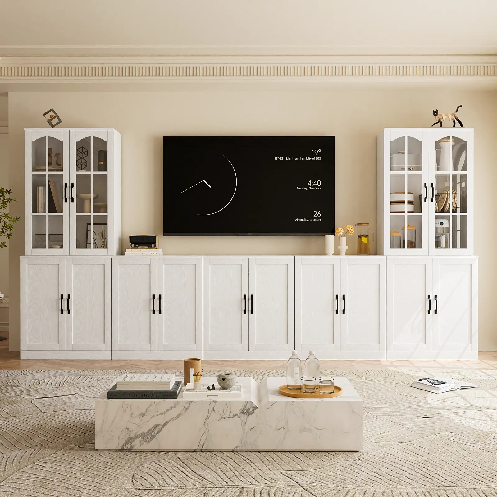 RichYa 118" W Entertainment Center with Bookcases for TVs up to 65", Wall Unit TV Stand with Doors for Living Room