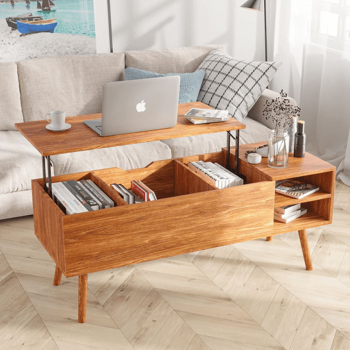 Alden Design 47.5 Lift Top Coffee Table with 3 Storage Compartments Rustic Brown Walmart