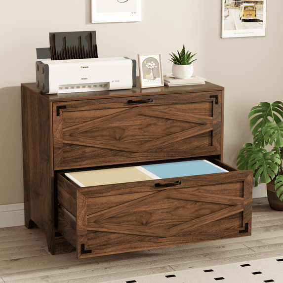 RichYa 2 Drawer Wood Lateral File Cabinet, Large Filing Cabinet for Home Office, Fits A4/Letter Size Files, Brown