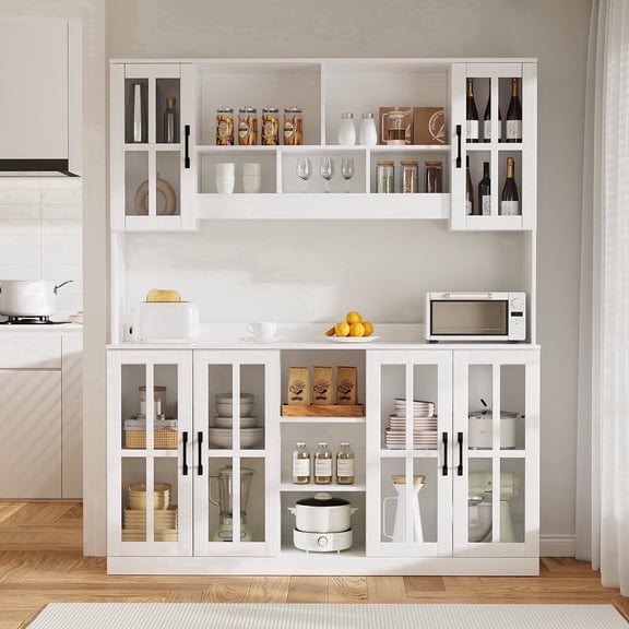 RichYa Pantry Cabinet with Hutch,Kitchen Storage Cabinet with Doors and Shelves,Coffee Bar with 59"Wide Countertop for Dining Room,White(X)