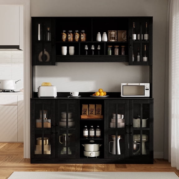 RichYa Pantry Cabinet with Hutch,Kitchen Storage Cabinet with Doors and Shelves,Coffee Bar with 59"Wide Countertop for Dining Room,Black(X)