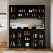 RichYa Pantry Cabinet with Hutch,Kitchen Storage Cabinet with Doors and Shelves,Coffee Bar with 59"Wide Countertop for Dining Room,BlackX