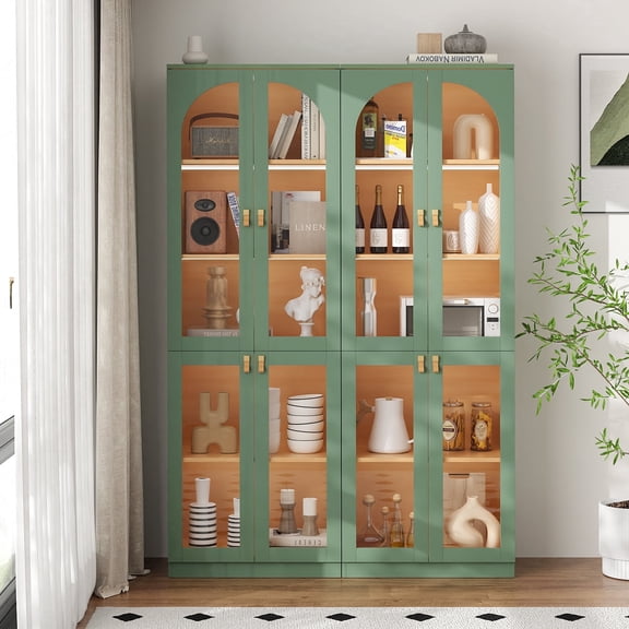 RichYa 2Pcs Tall Kitchen Pantry Cabinet with LED Light,Arched Glass Doors Storage Cabinet,5 Tier Display Cabinets for Dining Living Room,Green(AA)