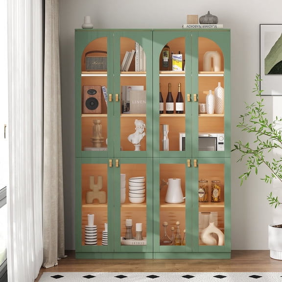 RichYa 2Pcs Tall Kitchen Pantry Cabinet with LED Light,Arched Glass Doors Storage Cabinet,5 Tier Display Cabinets for Dining Living Room,Green(AA)