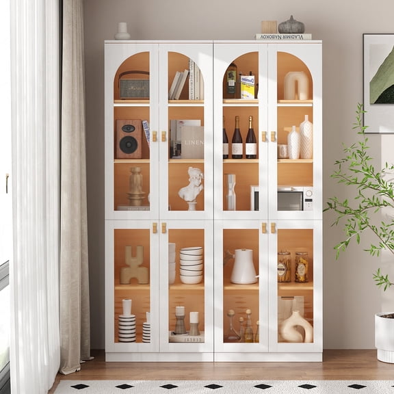 RichYa 2Pcs Tall Kitchen Pantry Cabinet with LED Light,Arched Glass Doors Storage Cabinet,5 Tier Display Cabinets for Dining Living Room,White(AA)