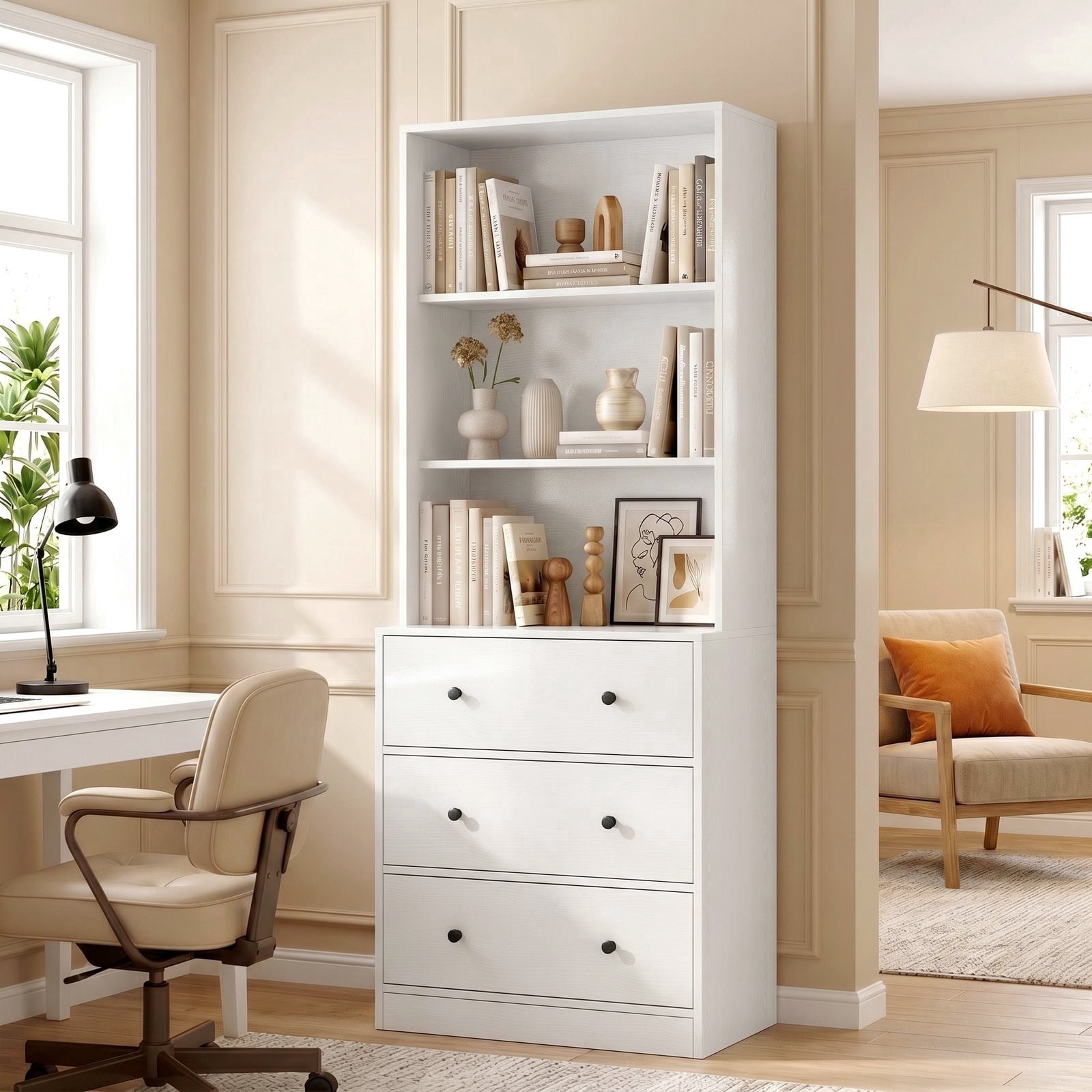 RichYa 71'' Tall Bookcase with 3 Drawers, 3-Tier Open Display Bookshelves, Freestanding Storage Cabinet for Home Office,Living Room,White