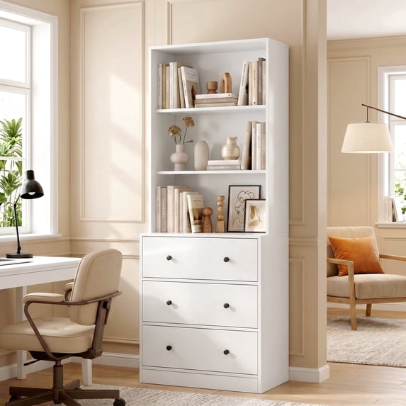 RichYa 71'' Tall Bookcase with 3 Drawers, 3-Tier Open Display Bookshelves, Freestanding Storage Cabinet for Home Office,Living Room,White