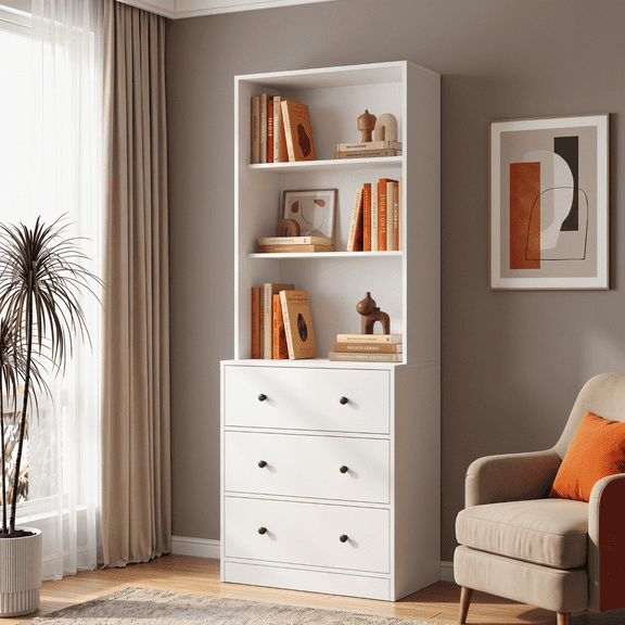 RichYa 71'' Tall Bookcase with 3 Drawers, 3-Tier Open Display Bookshelves, Freestanding Storage Cabinet for Home Office,Living Room,White