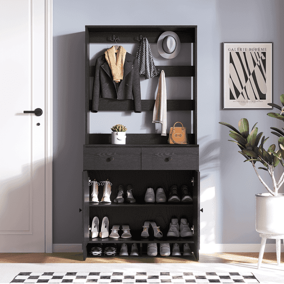 RichYa Entryway Shoe Storage Cabinet with Coat Rack, Shoe Rack Organizer with 2 Drawers & 2 Doors for Living Room,Black(B)