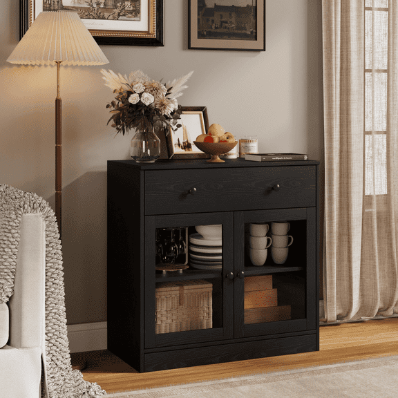 RichYa 31.5W Kitchen Credenza & Sideboard,Buffet Cabinet with Drawer & 2 Glass Doors,Coffee Bar for Dining Room,Black