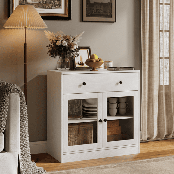 RichYa 31.5W Kitchen Credenza & Sideboard,Buffet Cabinet with Drawer & 2 Glass Doors,Coffee Bar for Dining Room,White