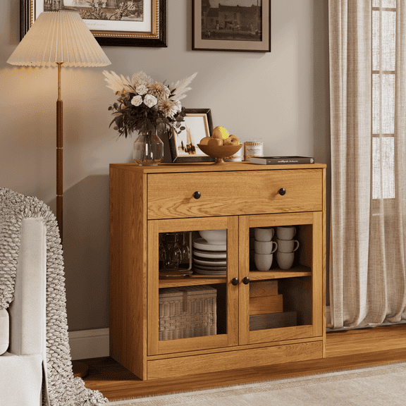 RichYa 31.5W Kitchen Sideboard Buffet Cabinet with Drawer & 2 Glass Doors,Coffee Bar for Dining Room,Wood
