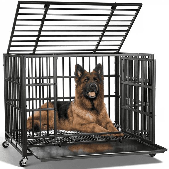 RichYa 38 inch Heavy Duty Indestructible Dog Crate, Escape-Proof Dog Crate Cage Kennel with 4 Lockable Wheels, High Anxiety Dog Crate with Double Door and Removable Tray Design, for Large Dogs