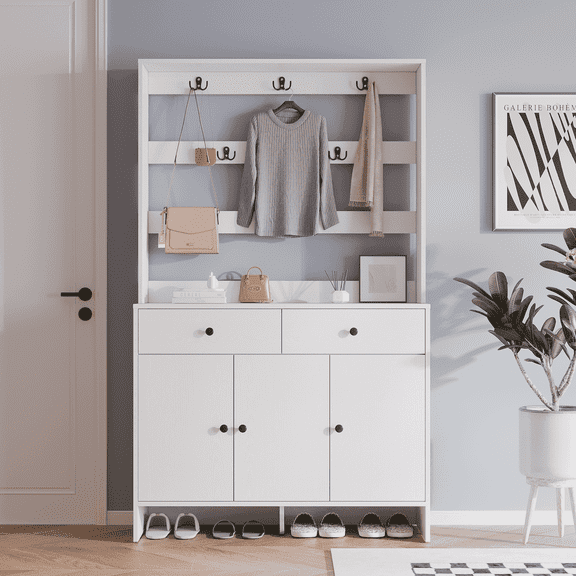 RichYa Entryway Shoe Storage Cabinet with Coat Rack, Shoe Rack Organizer with 2 Drawers & 3 Doors for Living Room,White(C)