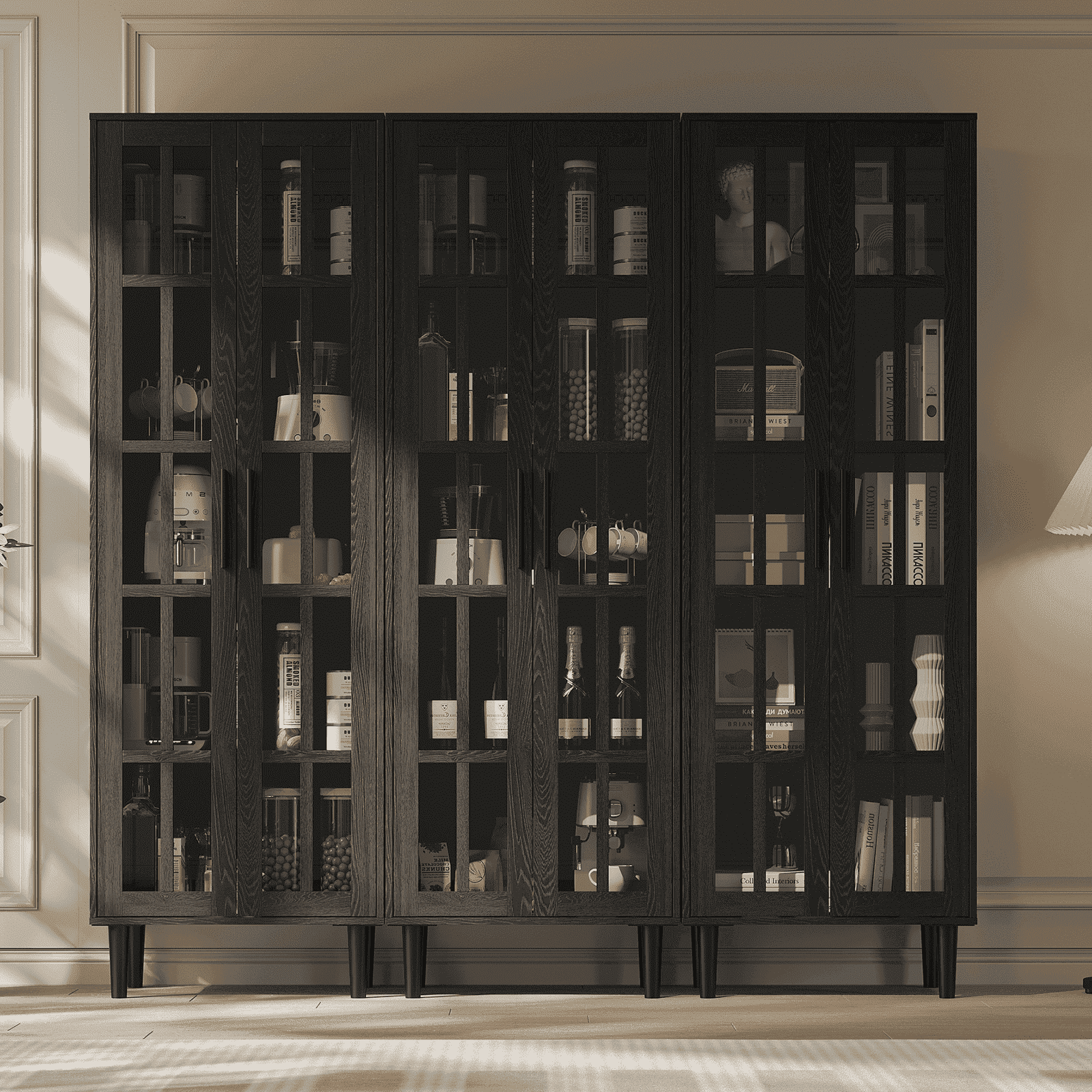 RichYa 3Pcs Bookcases with Doors,5-Tier Bookshelves with Storage Cabinet,Combination Display Cabinets for Home Office,Black(AAA)