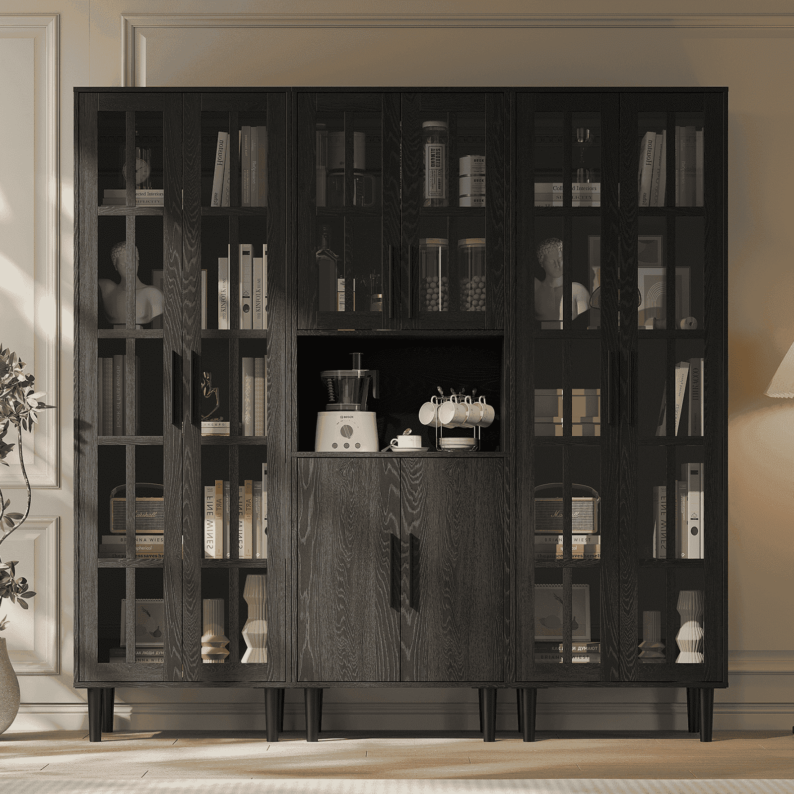 RichYa 3Pcs Bookcases with Doors,5-Tier Bookshelves with Storage Cabinet,Combination Display Cabinets for Home Office,Black(AAC)