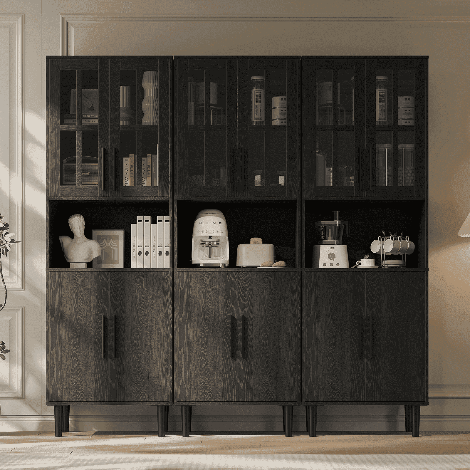 RichYa 3Pcs Bookcases with Doors,5-Tier Bookshelves with Storage Cabinet,Combination Display Cabinets for Home Office,Black(CCC)