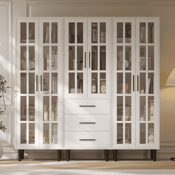 RichYa 3Pcs Grid Bookcases Set with Glass Doors,Tall Bookshelves with Storage,5-Tier Modular Cabinets for Home Office Living Room,White(AAB)