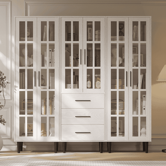 RichYa 3Pcs Bookcases with Doors,5-Tier Bookshelves with Storage Cabinet,Combination Display Cabinets for Home Office Living Room,White(AAB)