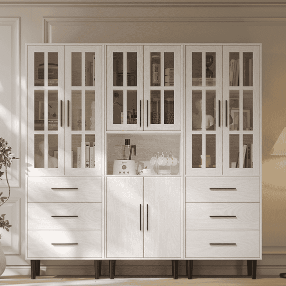 RichYa 3Pcs Bookcases with Doors,5-Tier Bookshelves with Storage Drawers,Combination Display Cabinets for Home Office Living Room,White(BBC)