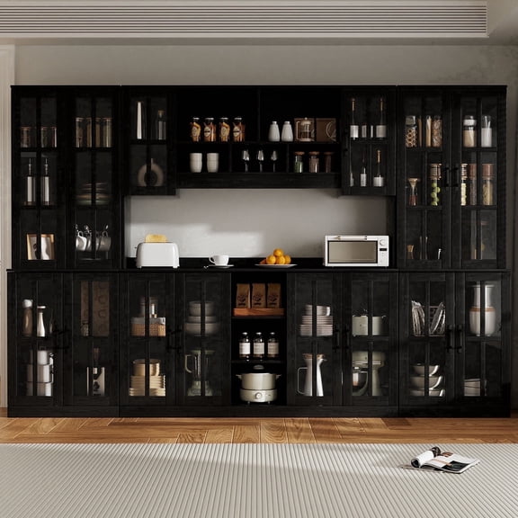 RichYa 3Pcs Kitchen Storage Cabinets and Countertops,Pantry Hutch Set with Glass Doors and Shelves,Freestanding Coffee Bar for Dining Room,Black(BXB)