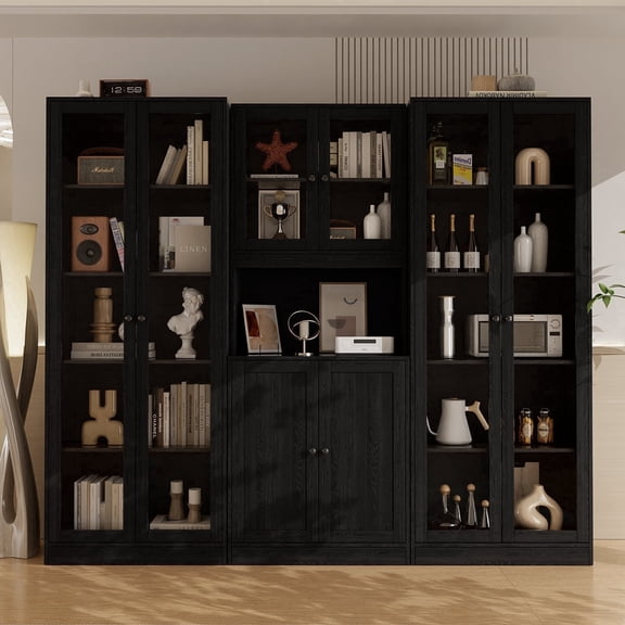 RichYa 3Pcs Pantry Storage Cabinet Set,China Glass Cabinets with Display Doors,Sideboard Hutch Buffet with Shelves for Dining Room,ACC(Black)