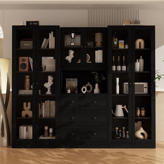 RichYa 3Pcs Pantry Storage Cabinet Set,China Glass Cabinets with Display Doors,Sideboard Hutch Buffet with Drawers for Dining Room,BCC(Black)