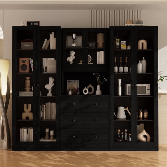 RichYa 3Pcs Pantry Storage Cabinet Set,China Glass Cabinets with Display Doors,Sideboard Hutch Buffet with Drawers for Dining Room,BCC(Black)