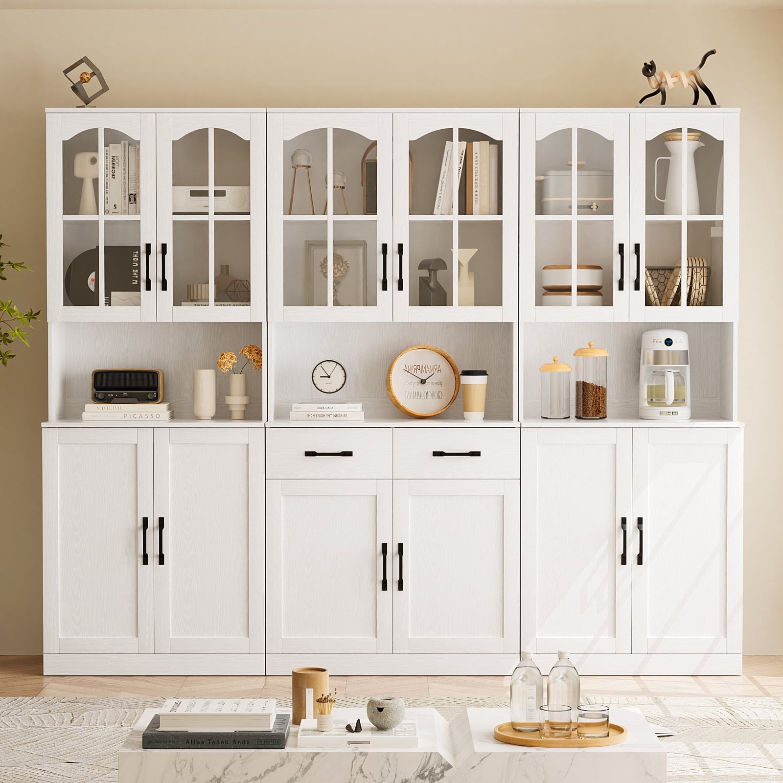 RichYa 3Pcs Kitchen Storage Cabinets with Hutch,Modular Display Pantry Cabinet with Arched Glass Doors & Shelves,Large Sideboard Buffet Cabinet with Drawers for Living Dining Room