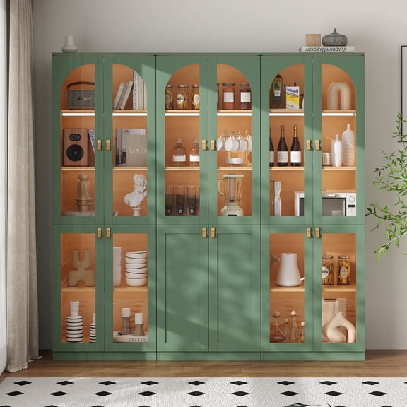 RichYa 3Pcs Tall Kitchen Pantry Cabinet with LED Light,Arched Glass Doors Storage Cabinet,5 Tier Display Cabinets for Dining Living Room,Green(ABA)