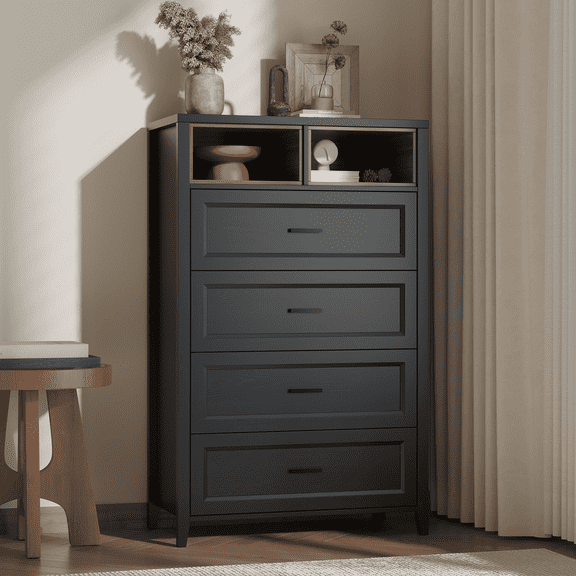 RichYa 4 Drawer Dresser for Bedroom,Chest of Drawers with Metal Handles,Black Dresser with Open Cubbies for Living Room