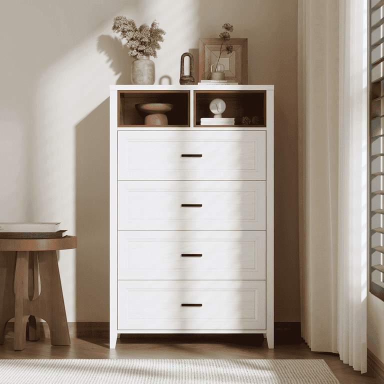 walnut white dresser Buylateral Cassie 4 Drawer Mid Century Modern Chest Walnut/White: Bedroom Storage, Sleek Design Fun Orange Bedroom Dresser Walnut