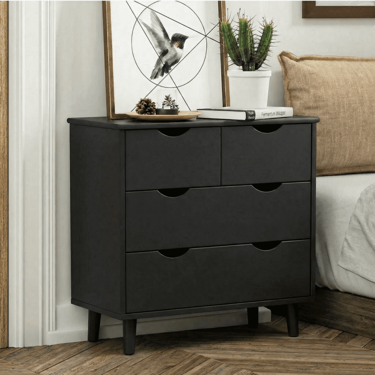 RichYa 4 Drawer Dresser for Bedroom Wood Storage Dresser Black Sofa Table Nightstand Chest of Drawer