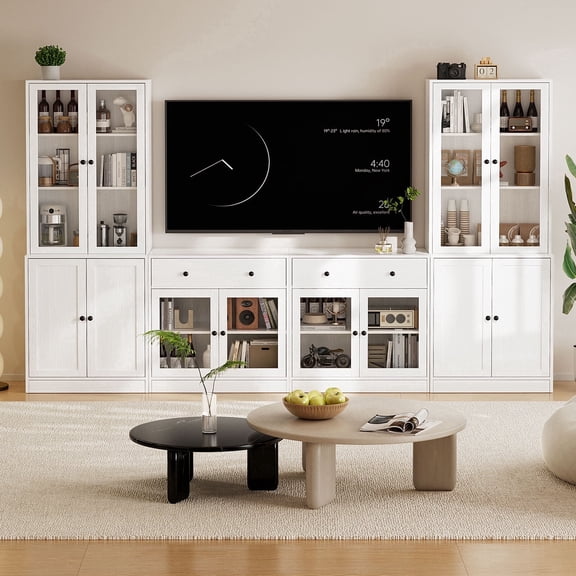 RichYa 4-Piece TV Stand for TVs up to 60”,Entertainment Center with Bookshelves for TVs,TV Stand Cabinets with 2 Drawers for Living Room,White