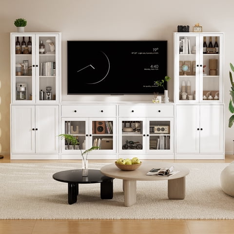 RichYa 4-Piece TV Stand for TVs up to 60”,Wall Unit Entertainment Center with Bookshelves,TV Stand Cabinets with 2 Drawers for Living Room,White