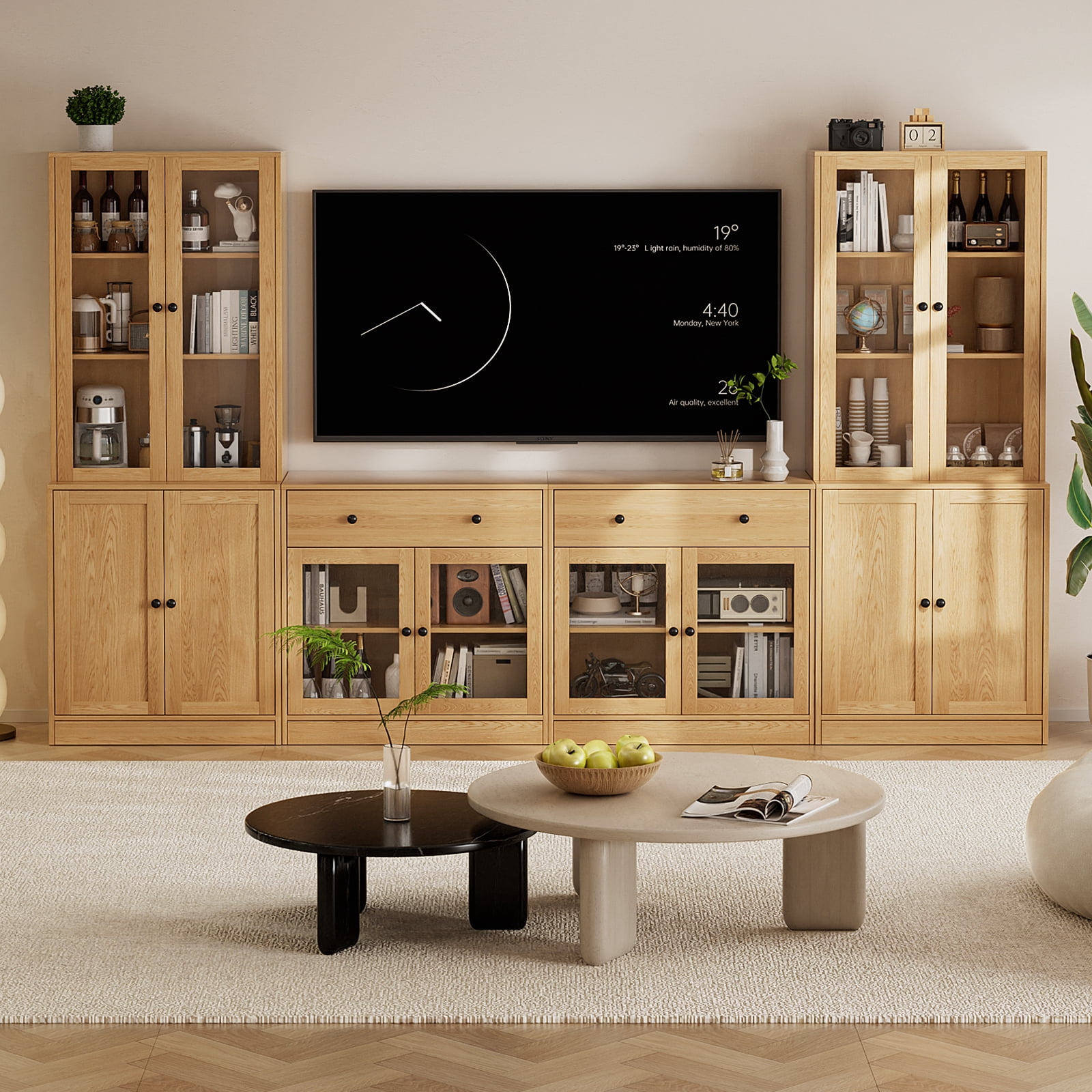 RichYa 4-Piece TV Stand for TVs up to 60”,Entertainment Center with Bookshelves for TVs,TV Stand Cabinets with 2 Drawers for Living Room,Wood