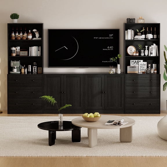 RichYa 4-Piece Entertainment Center with Bookshelves for TVs,TV Stand for TVs up to 60”,TV Stand Cabinets with 6 Drawers for Living Room,Black