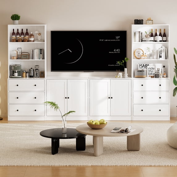 RichYa 4-Piece Entertainment Center with Bookshelves for TVs,TV Stand for TVs up to 60”,TV Stand Cabinets with 6 Drawers for Living Room,White