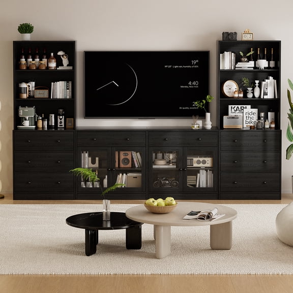 RichYa 4-Piece Wall Unit Entertainment Center with Bookshelves for TVs up to 60”,TV Stand Cabinets with 8 Drawers for Living Room,Black