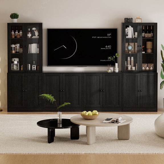 RichYa 4-Piece Entertainment Center with Bookshelves for TVs,TV Stand for TVs up to 60”,TV Stand Cabinets with Display Shelves for Living Room,Black