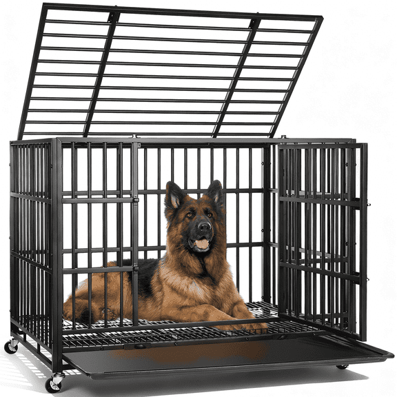 RichYa 42 inch Heavy Duty Indestructible Dog Crate, Escape-Proof Dog Crate Cage Kennel with 4 Lockable Wheels, High Anxiety Dog Crate with Double Door and Removable Tray Design, for Large Dogs