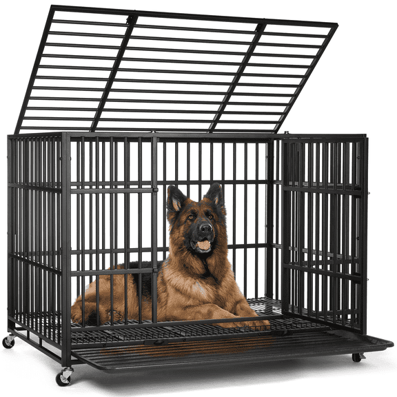 RichYa 48 inch Heavy Duty Indestructible Dog Crate, Escape-Proof Dog Crate Cage Kennel with 4 Lockable Wheels, High Anxiety Dog Crate with Double Door and Removable Tray Design, for Large Dogs