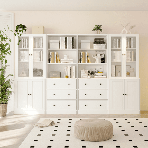 RichYa 4Pcs Bookshelf with Drawers & Doors,Modular Bookcase with 3-Tier Display Shelves,Combination Storage Cabinet for Home Office(ABBA)