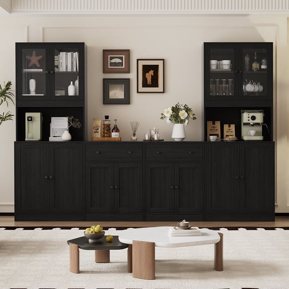 RichYa 4Pcs Kitchen Pantry Storage Cabinet Set,Modular Furniture Cabinets with Display Glass Doors,Hutch Buffet Cabinet with Drawers & Countertop for Dining Room,Black