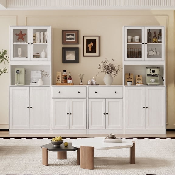 RichYa 4Pcs Kitchen Pantry Storage Cabinet Set,Modular Furniture Cabinets with Display Glass Doors,Hutch Buffet Cabinet with Drawers & Countertop for Dining Room,White