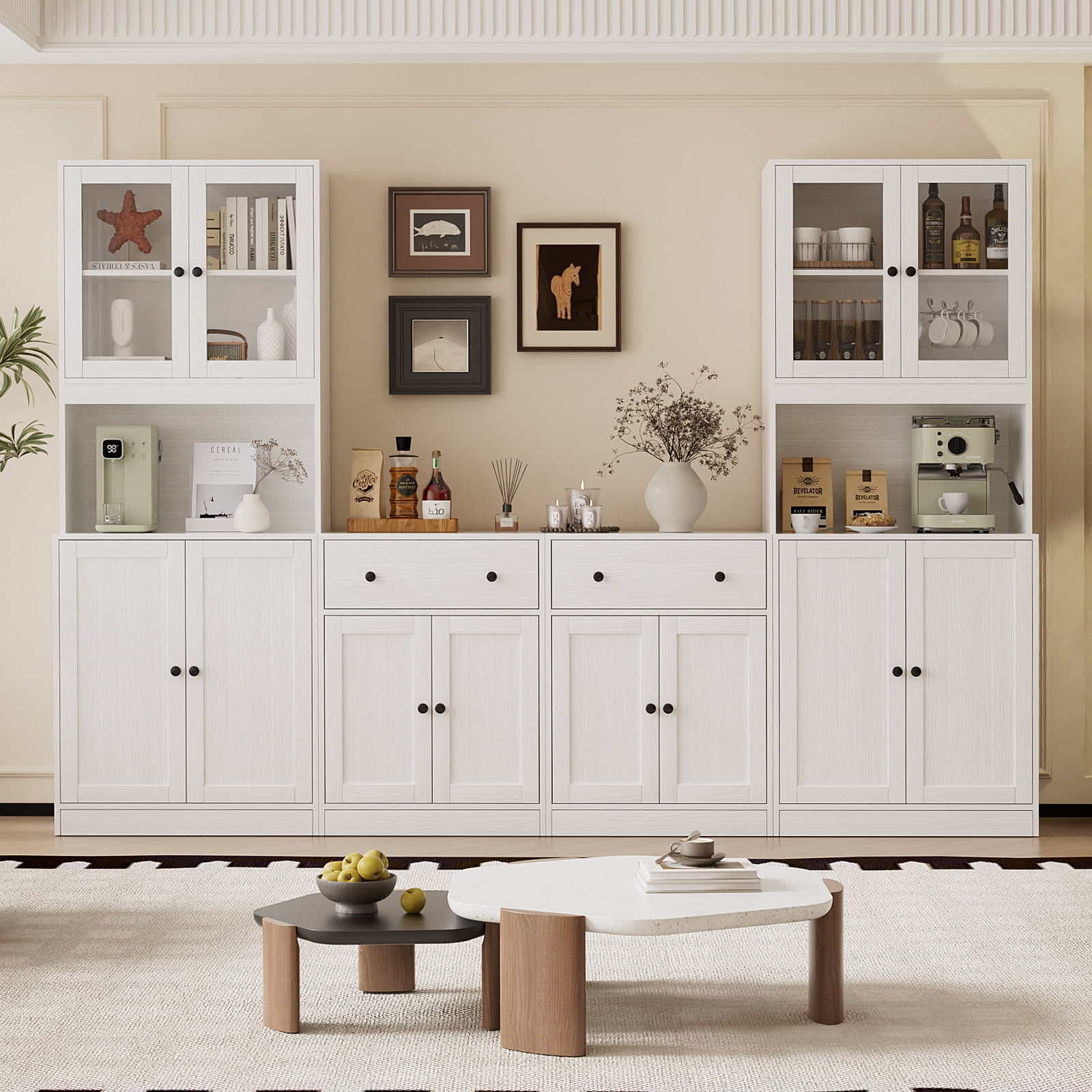 RichYa 4Pcs Kitchen Pantry Storage Cabinet Set,Modular Furniture Cabinets with Display Glass Doors,Hutch Buffet Cabinet with Drawers & Countertop for Dining Room,White