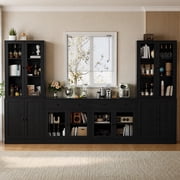 RichYa 4Pcs Kitchen Pantry Storage Cabinet,Modular Furniture Cabinets with Display Glass Doors,Hutch Buffet Cabinet with Drawers for Dining Room,Black