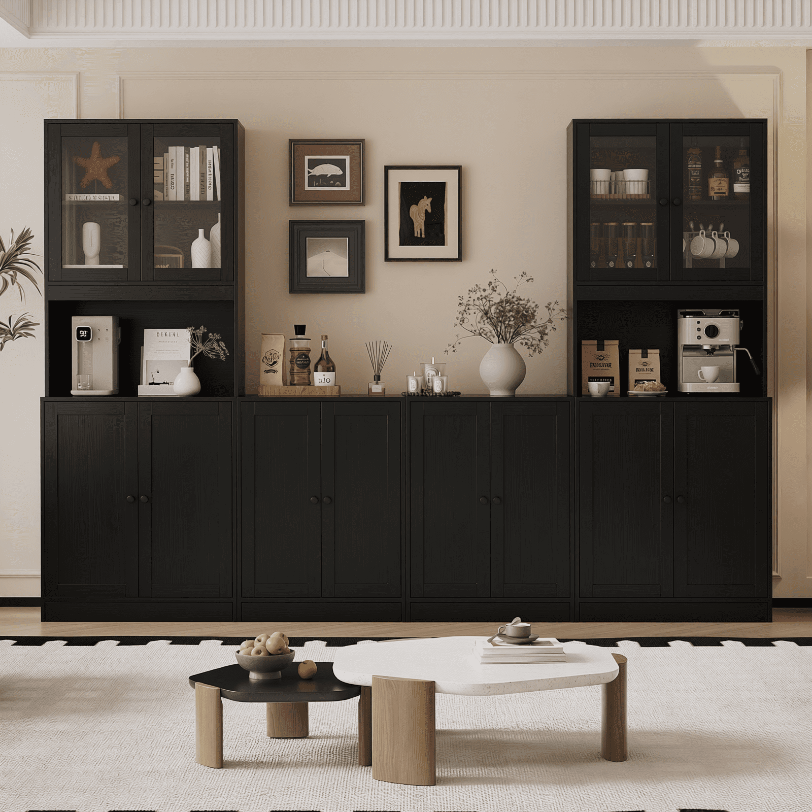 RichYa 4Pcs Kitchen Pantry Storage Cabinet Set,Modular Furniture Cabinets with Display Glass Doors,Hutch Buffet Cabinet with Shelves & Countertop for Dining Room,Black